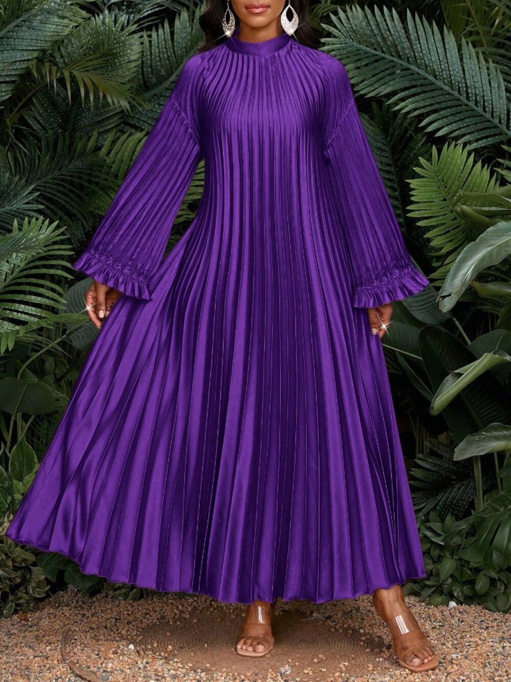 Purple Modest Women's Plus Size Tropical Stand Collar Maxi Dress - Picture 6 of 6